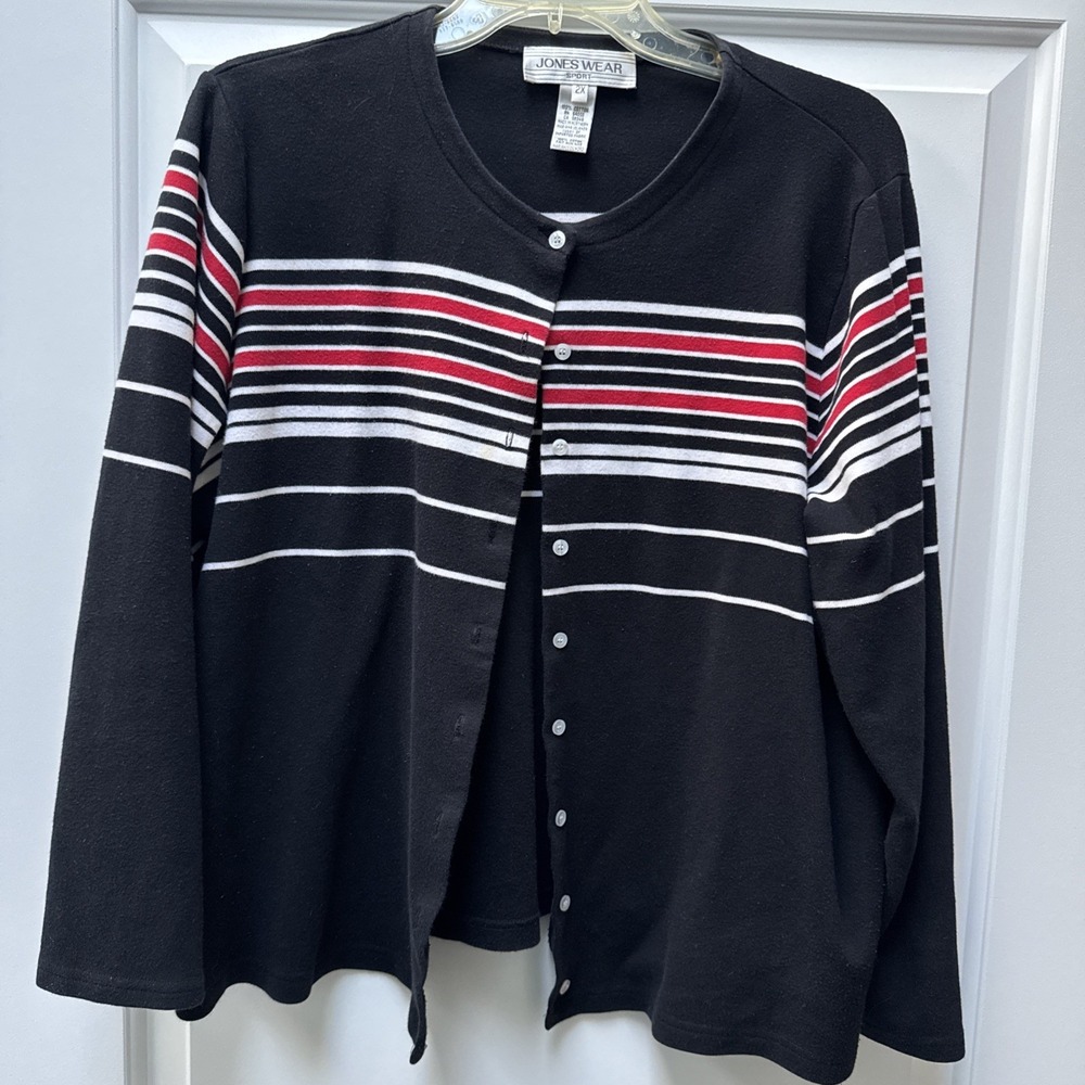 Jones Wear Sport cardigan‎ sweater black red/white stripe women's plus 2X